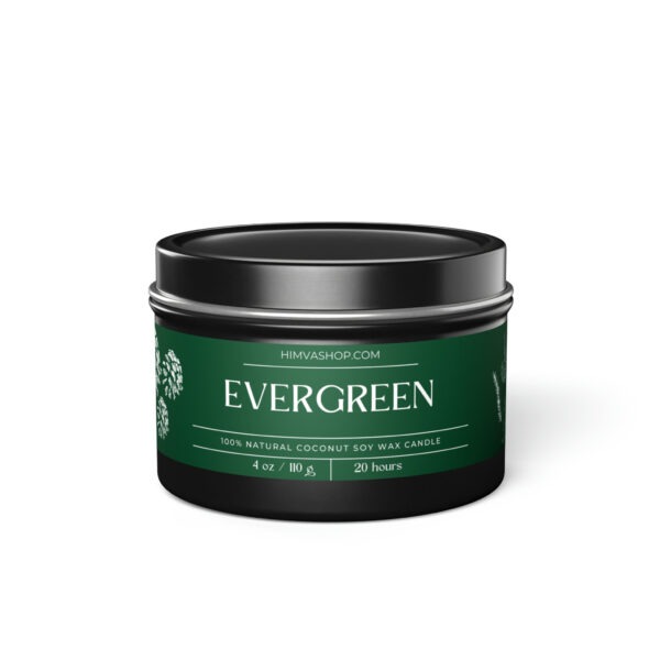evergreen scented tin candle